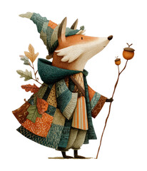 Obraz premium PNG Whimsical fox wizard in patchwork cloak with acorn staff.