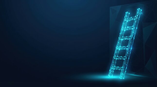A glowing neon ladder stands on a dark backdrop with futuristic lighting, creating a high-contrast, modern visual. Ideal for tech or abstract compositions.