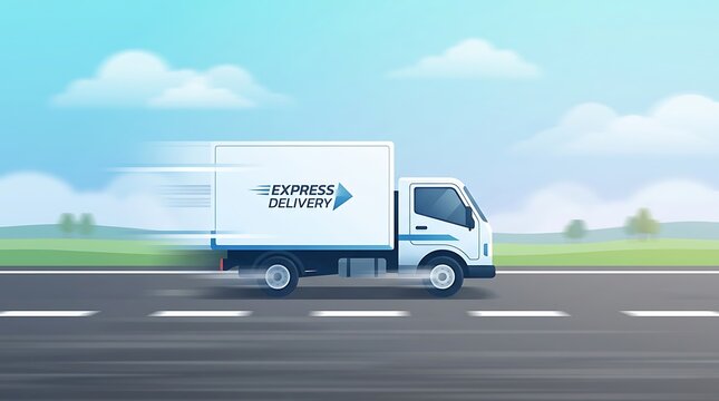Fast white delivery truck driving on a road for express shipping and logistics service with a blue sky background