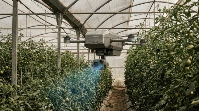 Agricultural spraying drone dispersing mist between tomato rows inside greenhouse for precision crop protection and pest control banner
