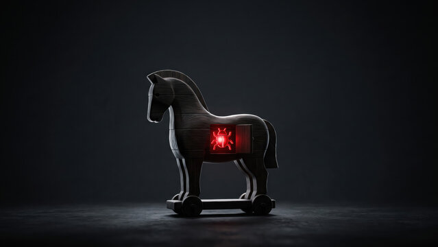 Wooden Trojan horse on wheels with glowing red malware hidden inside, dark background
