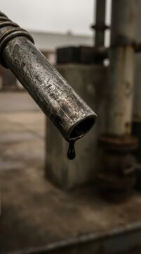 Worn fuel nozzle with single oil drop and angled metal pipe for industrial piping background and maintenance hazard banner for safety reports