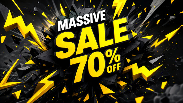 Abstract creative 3D composition for a massive sale with dynamic floating jagged lightning bolts, exploding geometric shards in matte black and neon yellow, and bold 3D discount sign