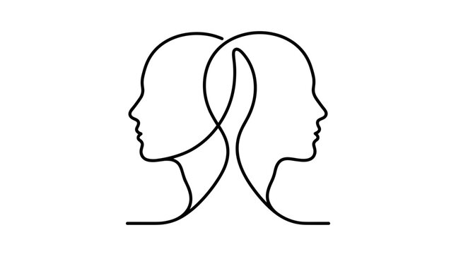 Continuous line art of two human head profiles facing each other forming a brain shape link