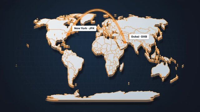 A luminous route links Dubai DXB and New York JFK across a dark world map, delivering a polished global travel visual for airline ads, business, and tourism campaigns.