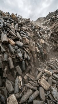 Large pile of discarded plastic bottles at a recycling facility for environmental pollution background and industrial waste management editorial use