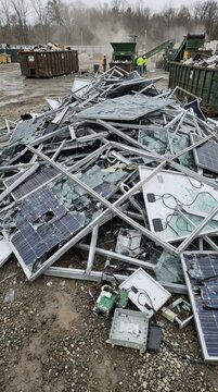 Pile of broken solar panels and aluminum frames at recycling yard with shattered glass and electronic waste for recycling and disposal management
