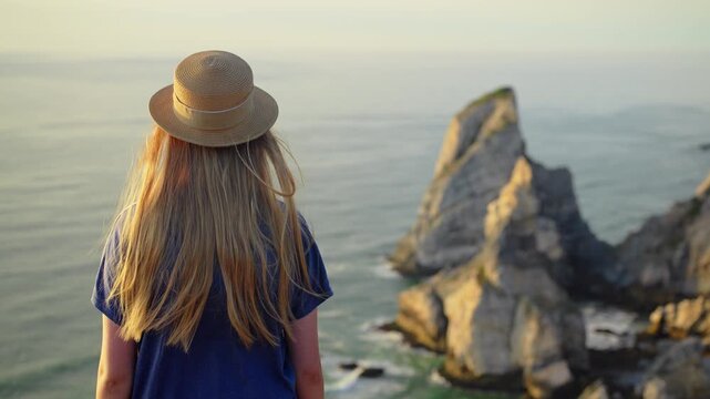 Young Traveler Admiring Atlantic Cliffs in Portugal