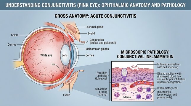 Ophthalmic anatomy and pathology infographic explaining conjunctivitis with a detailed cross-section of the human eye and a microscopic view of inflamed conjunctival tissue and vascular congestion