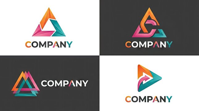 Geometric triangle logo set in various colors.
