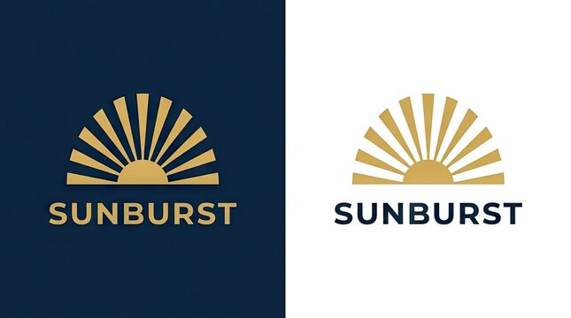 Golden sunburst half sun logo on dark and white.