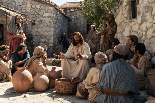Jesus christ teaching a group of followers in a rustic stone village setting