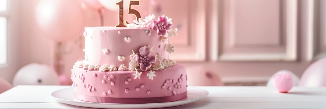 Elegant pink quinceanera cake with floral decor for 15th birthday celebration. Horizontal banner. Copy space. Free space for text