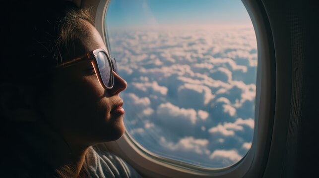 Female mixed passenger gazing outside plane window, low-angle shot, soft light through window