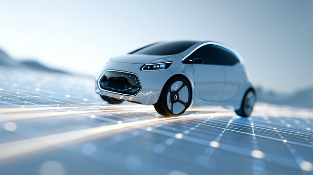Low angle render of an autonomous vehicle on a luminous grid surface with soft glowing light beams tracing under the chassis bright pale backdrop crisp body panels subtle