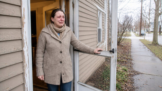Grieving woman in tears standing on the threshold of her house entrance