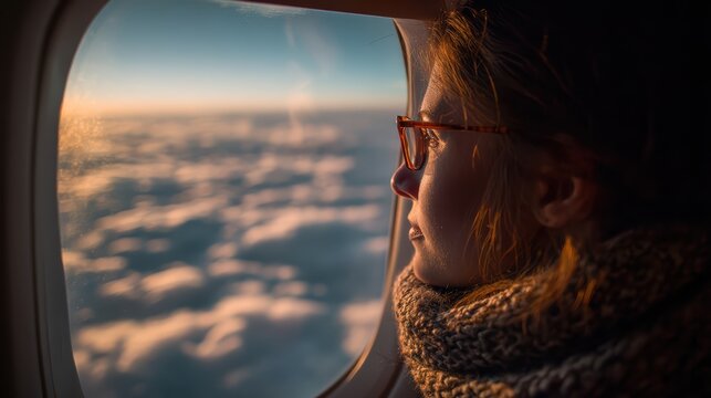 Young woman inside airplane, looking out window at cityscape below, low-angle perspective