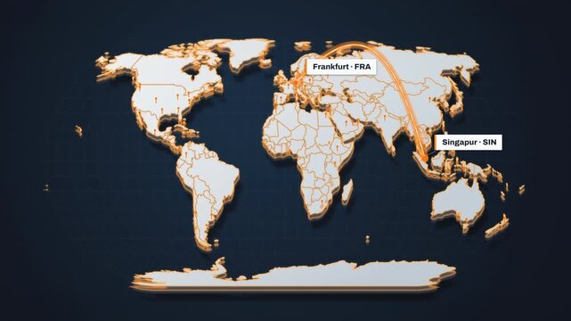 An illuminated arc connects Frankfurt FRA with Singapore SIN on a stylized world map, offering a dynamic business travel graphic for aviation marketing and corporate media.