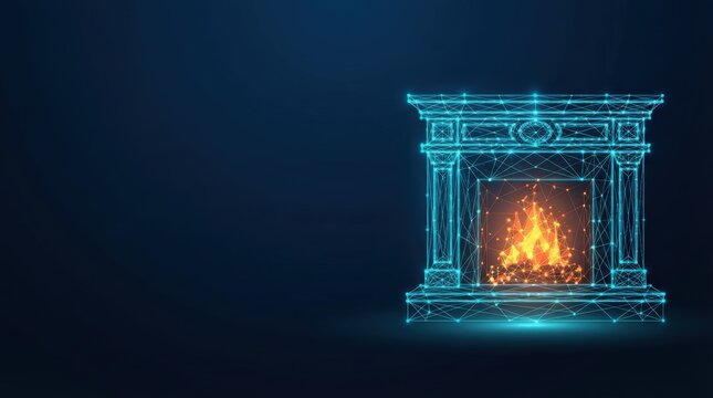 3D wireframe fireplace with glowing flames, set against a dark backdrop. Studio lighting highlights geometric design for a futuristic, minimalist aesthetic.