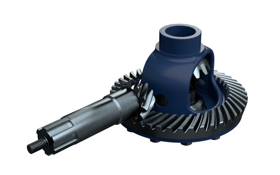  3D render of a mechanical bevel gear differential showing internal gears, housing, and torque distribution system in metallic textures and blue accents.