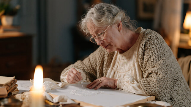 Elderly woman embroidering a window wreath scene by candlelight, a child's eye-level view from the floor showing the underside of the frame, needle pulling thread through linen in