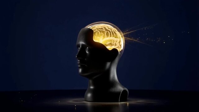 Translucent brain inside a sleek black bust, releasing bright sparks of thought and creative energy.