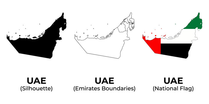 United Arab Emirates map set, UAE silhouette and emirates boundaries vector, national flag colors map collection for infographics and travel design