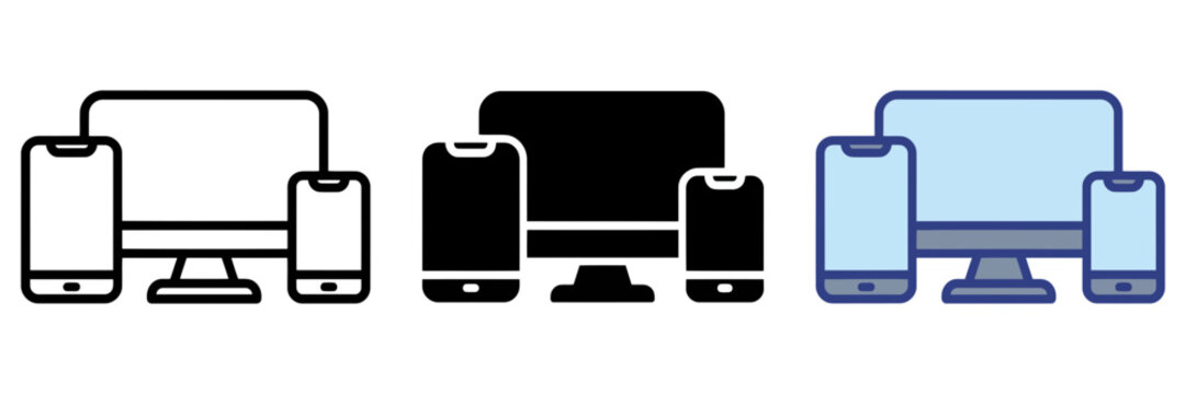 Responsive design icon set with desktop monitor and mobile phone, multi device synchronization symbols, cross platform technology vector illustrations