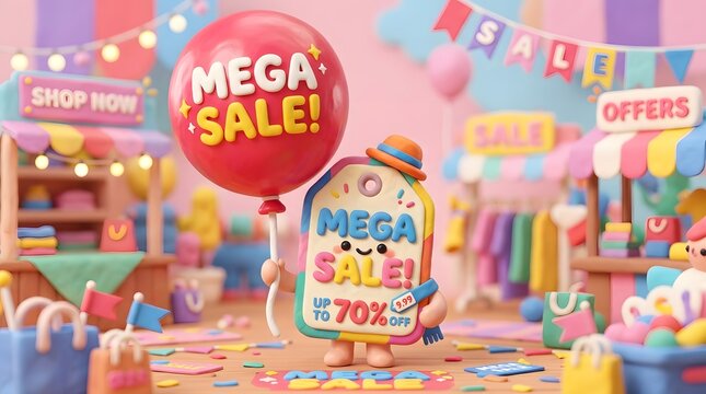 Happy cartoon sale with mega deal balloon