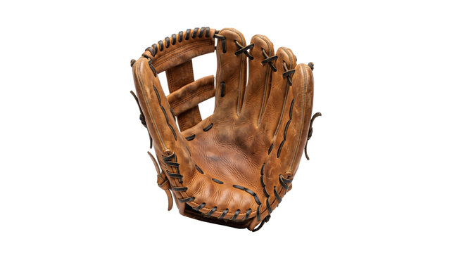 Vintage brown leather baseball glove, worn athletic mitt for softball or baseball, classic sports equipment isolated on white background