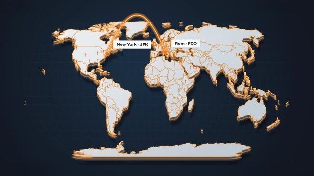 A glowing transatlantic arc travels from New York JFK to Rome FCO over a refined world map, ideal for tourism advertising, airline marketing, and travel presentations.