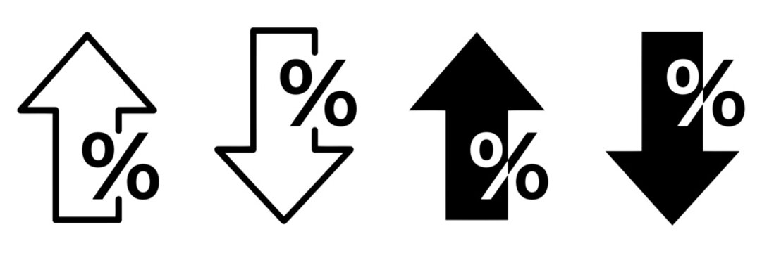 Percentage arrow icons for financial growth and loss, up and down arrow set with percent symbols, black and white vector graphics for business data