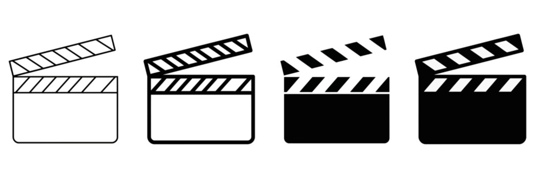 Minimalist movie clapperboard icon set, black and white cinema film slate collection, 4 vector clapper board symbols for video production and media