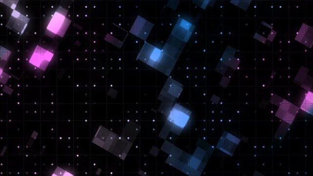 Abstract glowing neon squares moving on a dark dotted grid. Futuristic digital data network nodes blinking in cyberspace. Cyber technology connection server blocks floating rapidly through the matrix