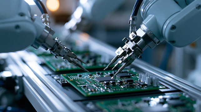 Looking down at green circuit boards travelling along a production line while precise robotic arms place components bright pale machine housings crisp electronic detail even