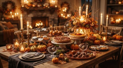 Fototapeta premium Cozy autumn table setting with festive Halloween treats and warm candlelight
