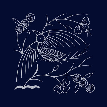 Batik Botanical Bird Pattern Minimal Oriental Surface Design JPG