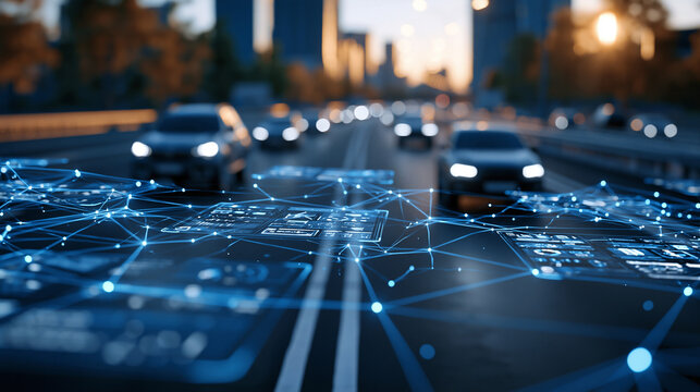 Network overlay across a highway with glowing links between vehicles and floating interface panels bright daylight road crisp lane markings orderly traffic flow transport