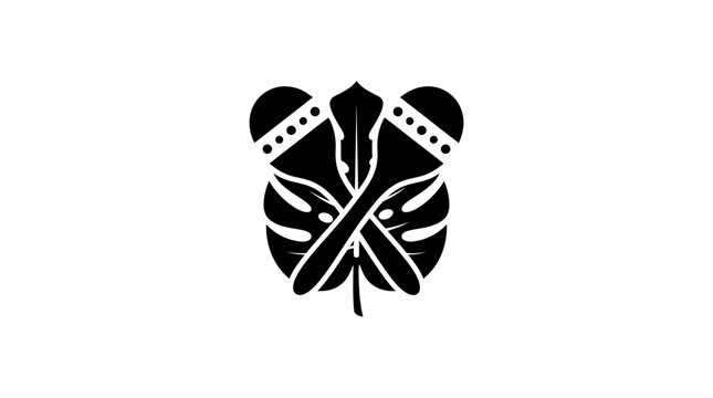 Black and white Japanese family crest (mon) featuring stylized leaves, crossed spoons, and dotted rounded elements on a white background.