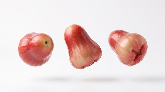 Three Fresh Red Wax Apples Isolated on White Background with Premium Studio Lighting