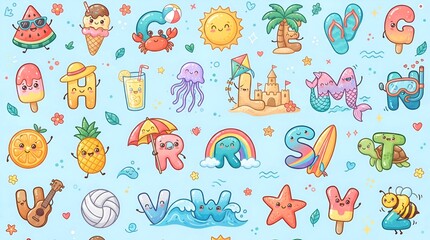 Fototapeta premium Cute hand-drawn summer doodle character collection featuring beach, ocean, sunshine, tropical fruits, animals, and vacation elements in colorful cartoon style.