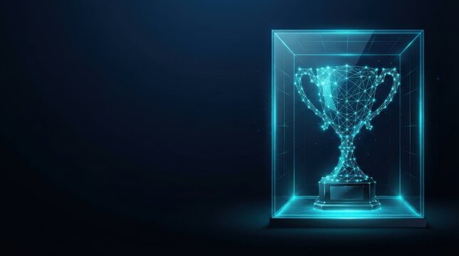 Digital trophy cup inside transparent glass box with glowing wireframe design, studio lighting, futuristic mood, top-down perspective view.