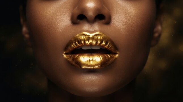 Close up of a woman's mouth with shimmering gold lipstick and dark skin tone