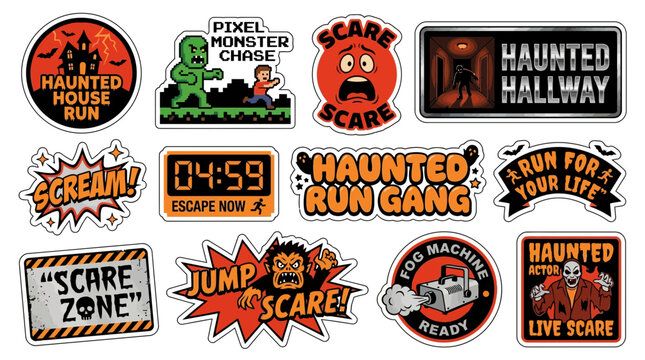 Spooky retro game y2k aesthetic sticker pack with creepy halloween badges and vintage game icons