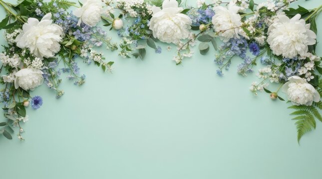 Delicate white peonies and blue wildflowers arranged on a soft mint green background
