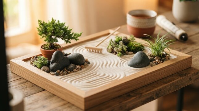Serene Japanese Zen garden with raked sand, stones, and miniature bonsai tree
