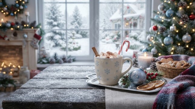 Cozy Christmas morning with hot cocoa and gingerbread by the snowy window