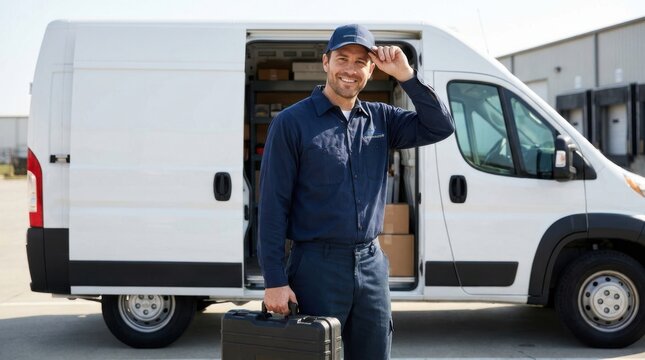 Delivery driver holding tool case. Professional courier standing by a white cargo van.