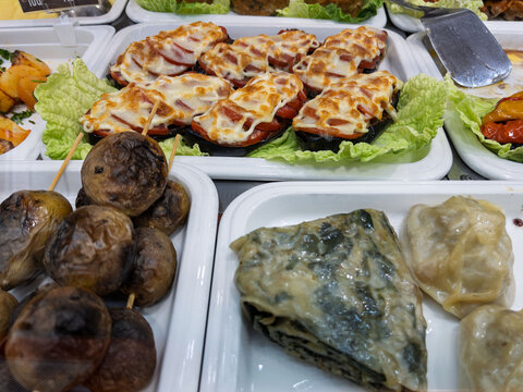 Delicious International Cuisine Displayed at a Food Market