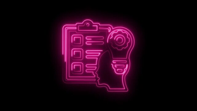 Neon pink outline of a checklist clipboard with checkboxes next to a human head profile... icon
